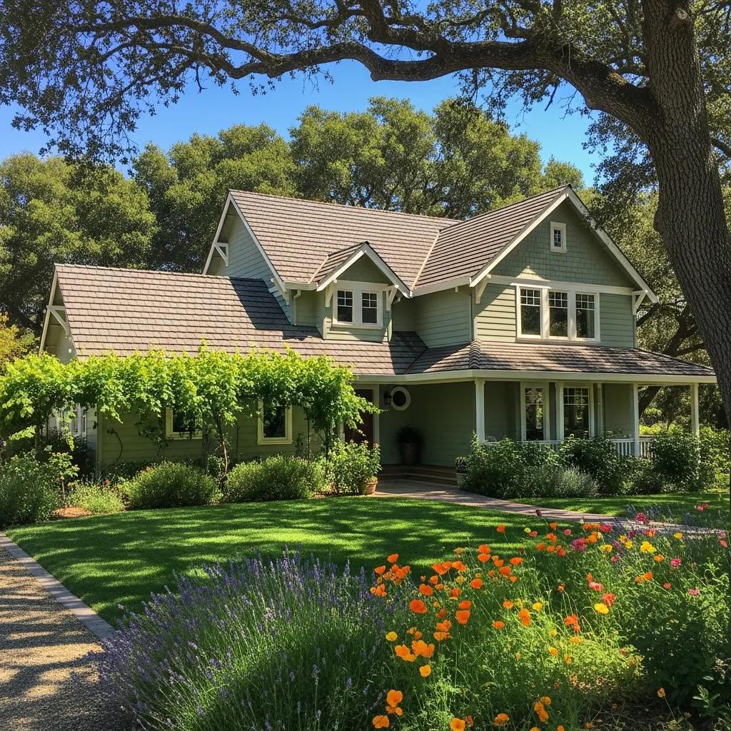 Beautiful residential home in Sonoma County with a well-maintained roof surrounded by greenery