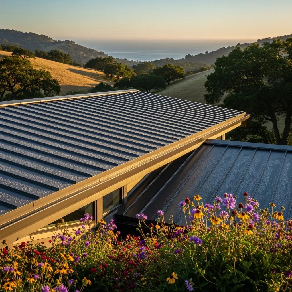 Close-up of a reflective metal roof in Northern California, showcasing energy efficiency and aesthetic versatility