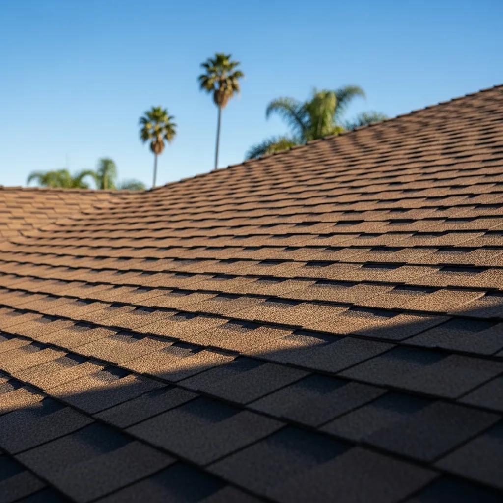 Close-up of asphalt shingles on a California home, highlighting their durability and resistance to UV rays