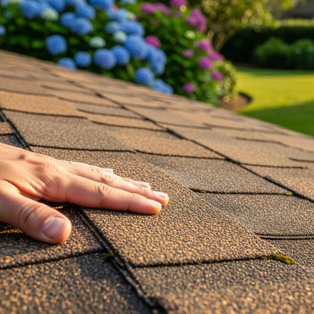 Close-up of asphalt shingles on a residential roof with a hand inspecting them, set in a beautiful garden