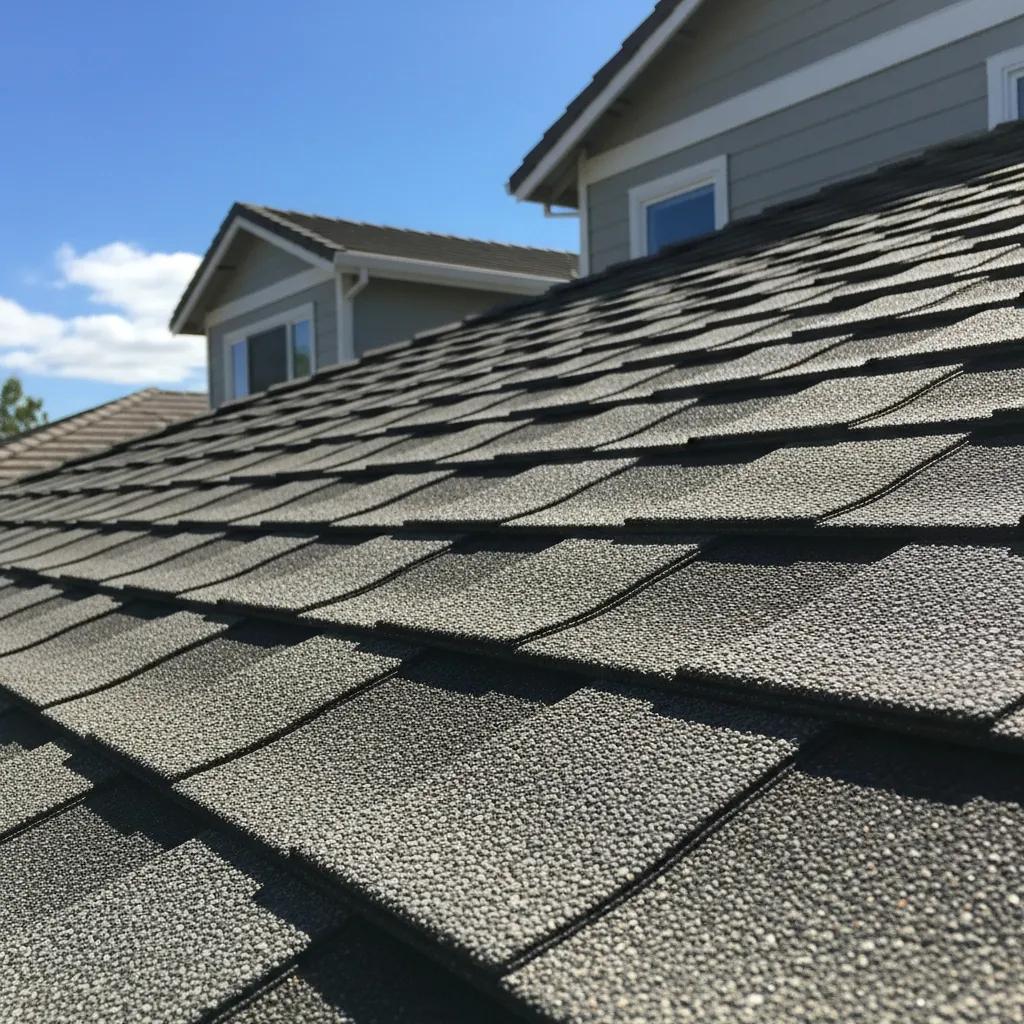 Close-up of asphalt shingles on a sunny California home, highlighting durability and performance