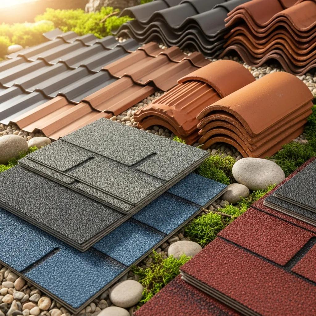 Close-up of fire-resistant roofing materials including metal, clay tiles, and asphalt shingles, showcasing their textures and colors