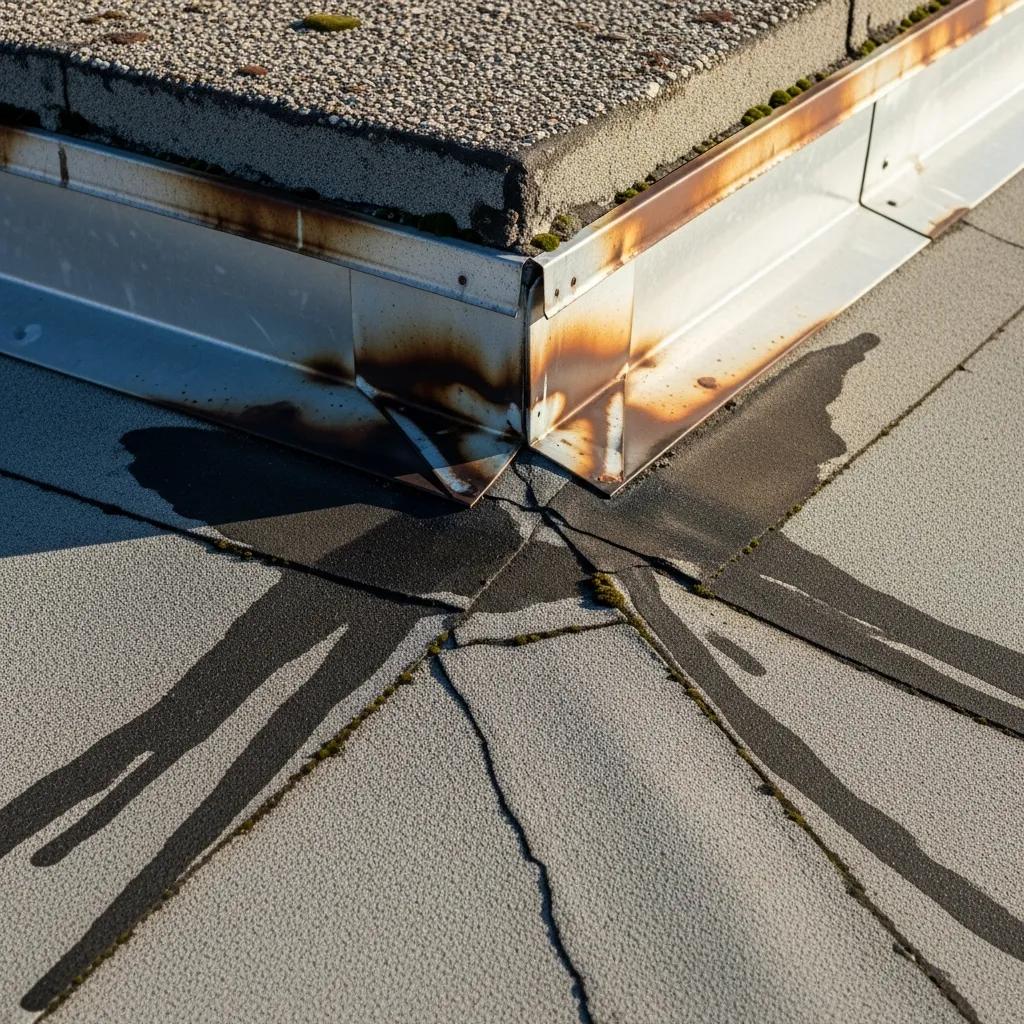 Close-up of flat roof showing water stains and damaged flashing
