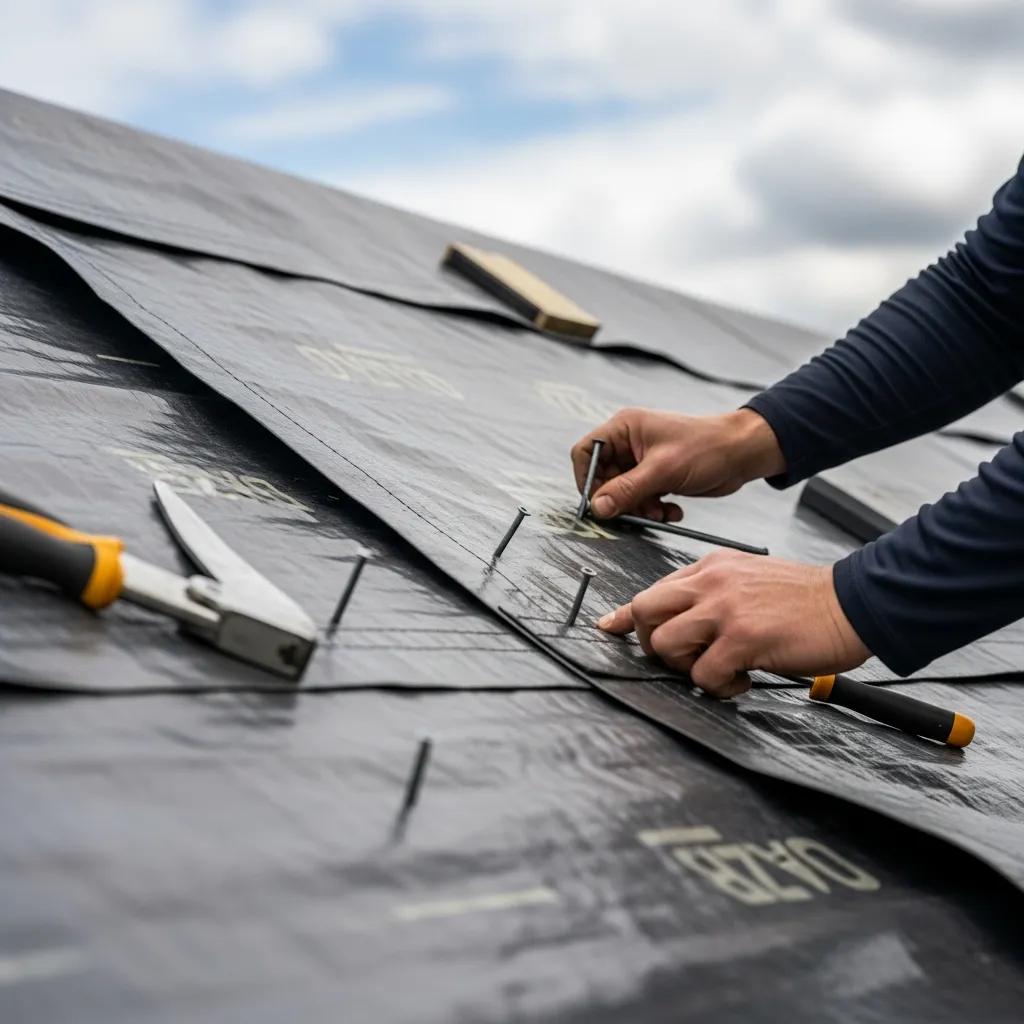 Close-up of heavy-duty tarp installation on a roof with tools visible