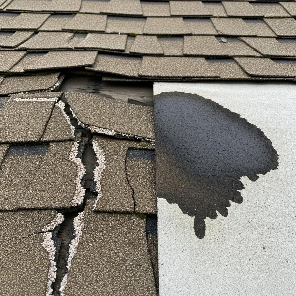 Close-up of roof damage indicators including cracked shingles and water stains, illustrating signs of needed repairs