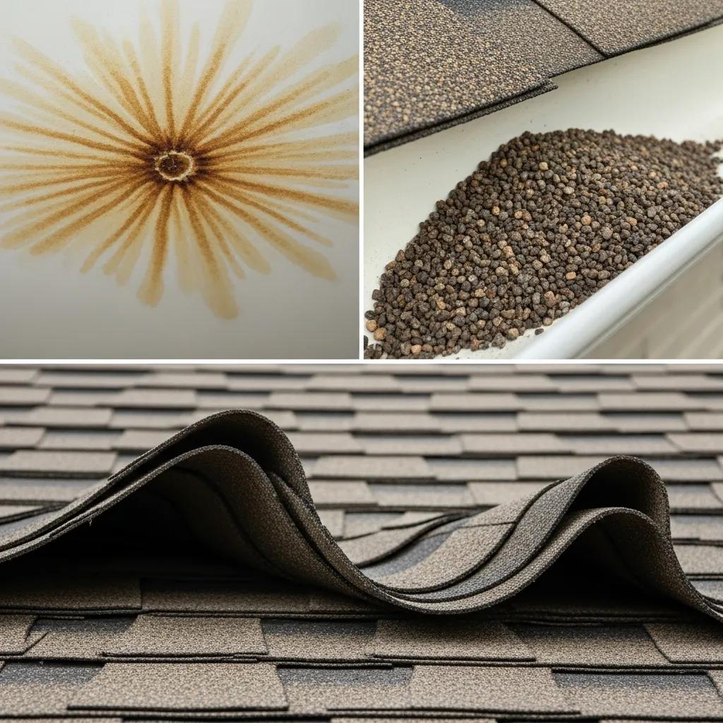 Close-up of roof damage signs including curling shingles and water stains, emphasizing the need for inspection