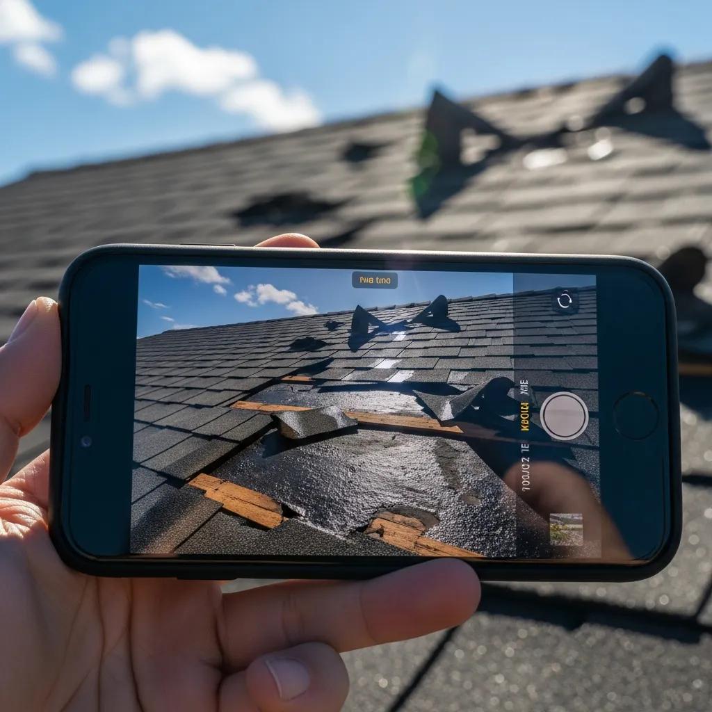 Close-up of smartphone documenting roof damage for insurance claims