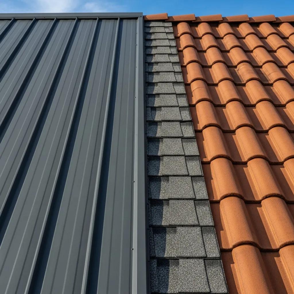 Close-up view of durable roofing materials: metal, asphalt shingles, and tile roofing against a blue sky