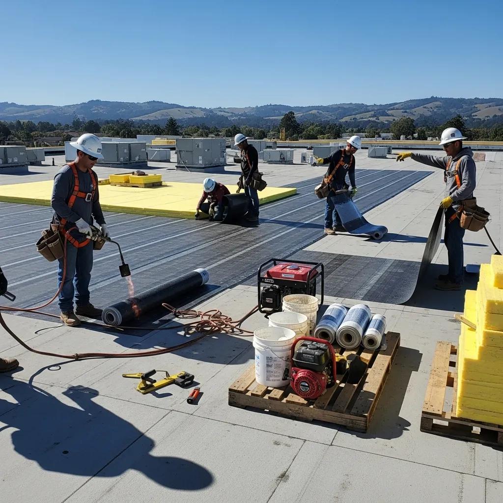 Commercial roofing installation in Sonoma County with workers and roofing materials