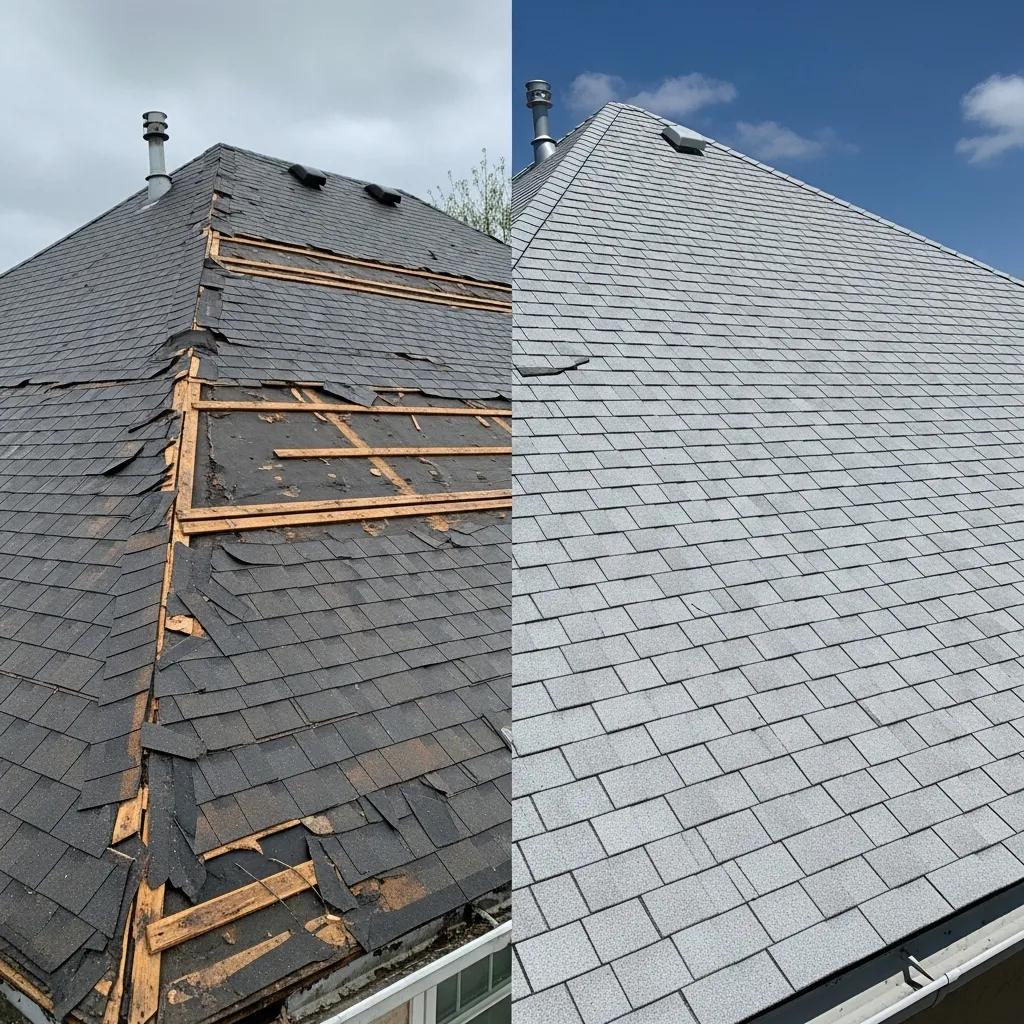 Comparison of damaged roof needing repair and new roof installation, illustrating repair vs replacement decision