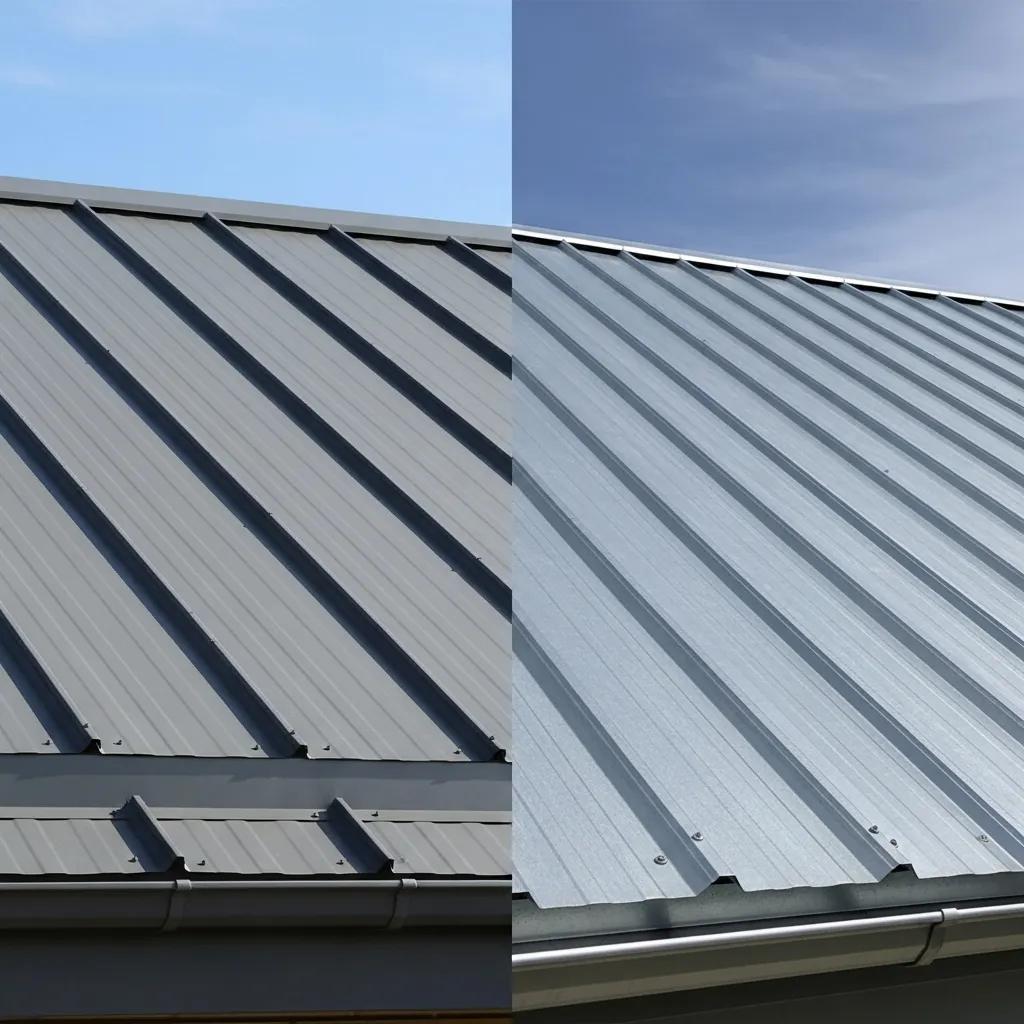 Comparison of standing seam and corrugated metal roofs, showcasing their distinct designs