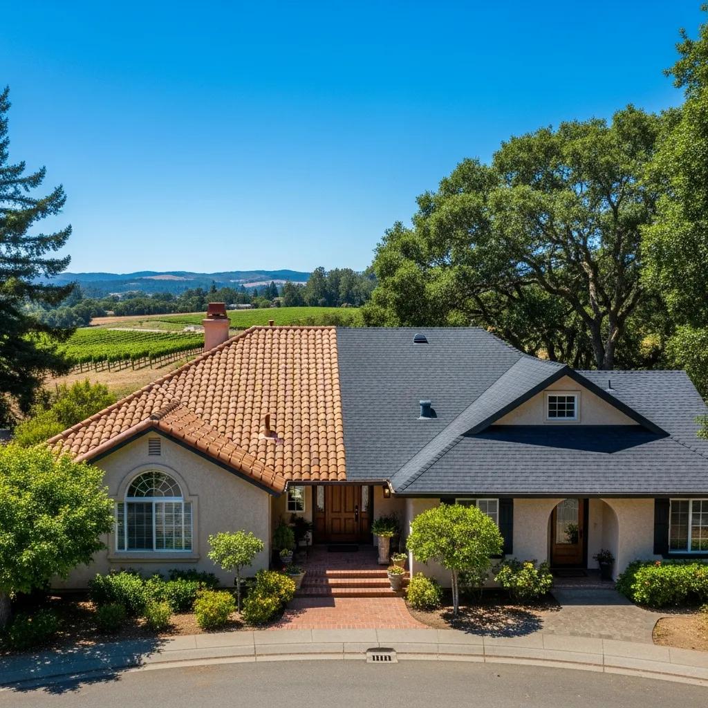 Comparison of tile and asphalt shingle roofing on a Sonoma County home under clear skies