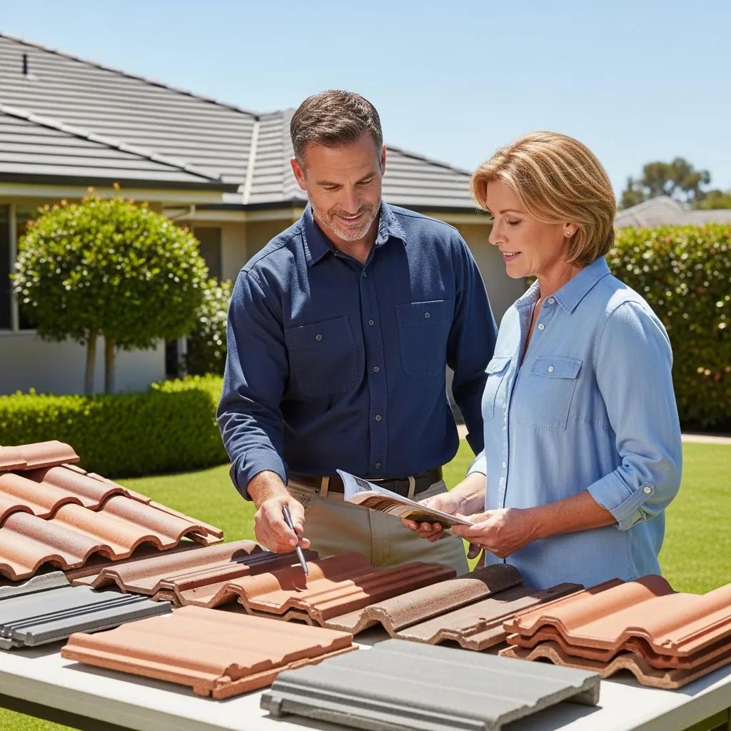 Contractor and homeowner discussing clay and concrete tile roofing options