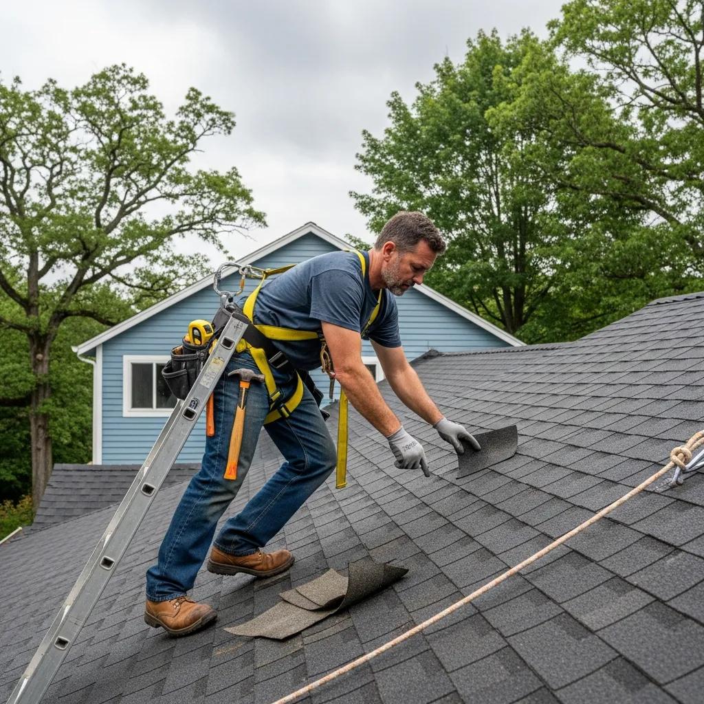 Contractor inspecting roof for storm damage with tools and safety equipment