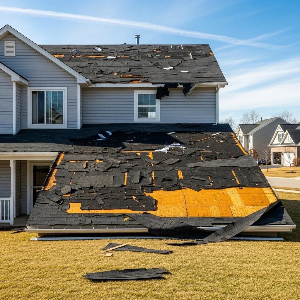 Damaged roof after storm with missing shingles and water damage