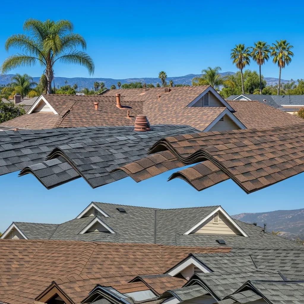 Diverse roof shingles in a sunny California landscape showcasing asphalt, architectural, and eco-friendly options