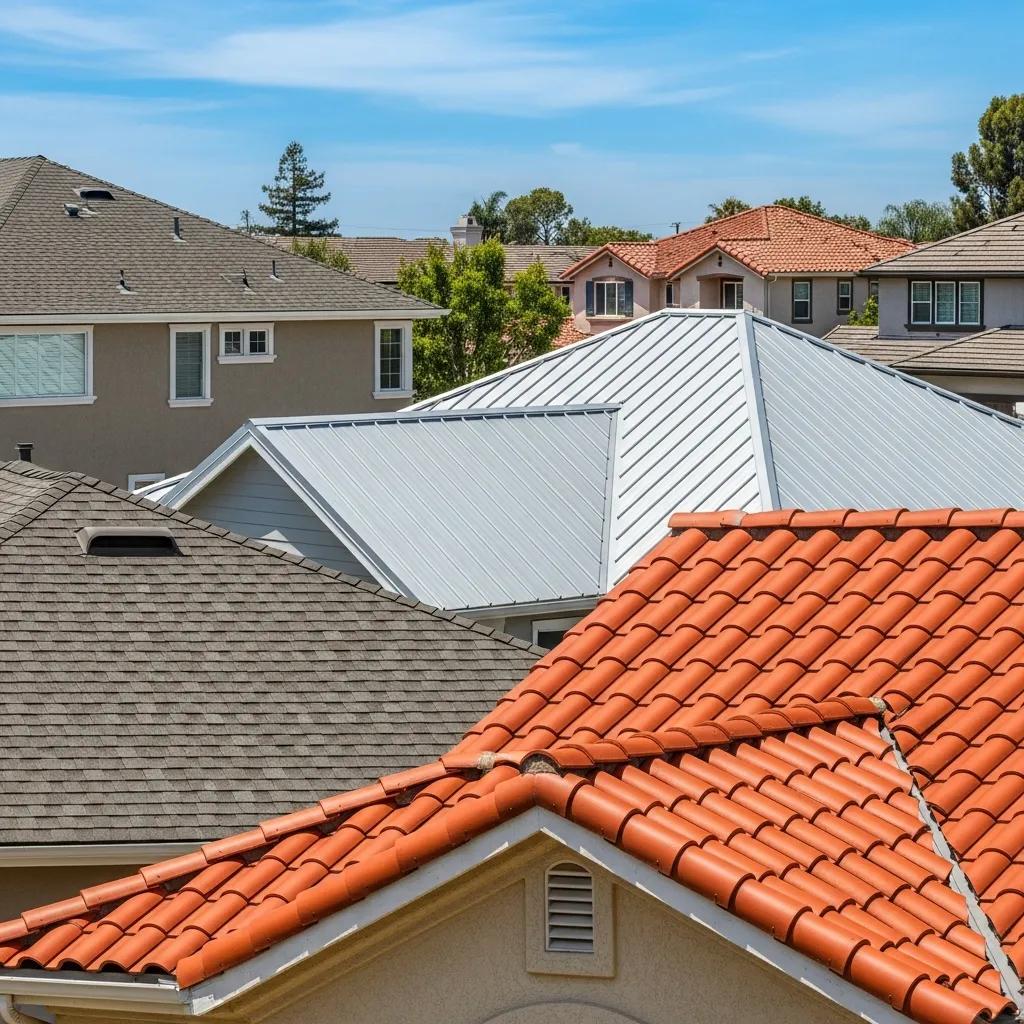 Diverse roofing materials for California homes including asphalt shingles, metal roofing, and tile roofing in a sunny neighborhood
