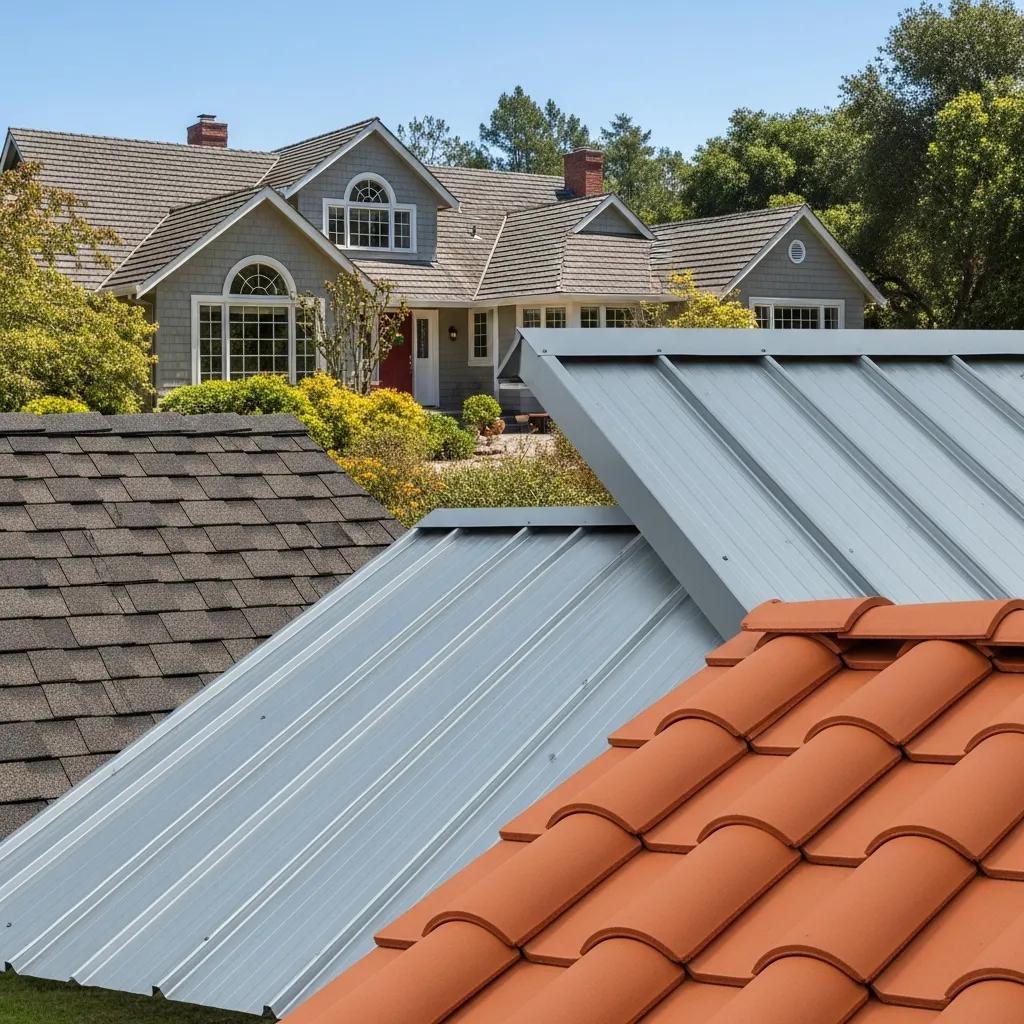 Diverse roofing materials including asphalt shingles, metal panels, and clay tiles in a sunny Sonoma County setting