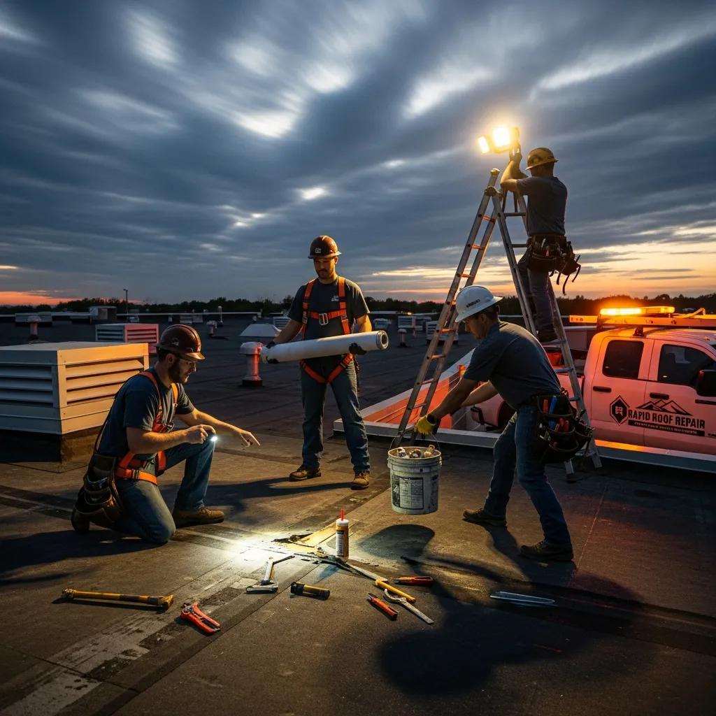 Emergency roof repair team assessing damage on a commercial building