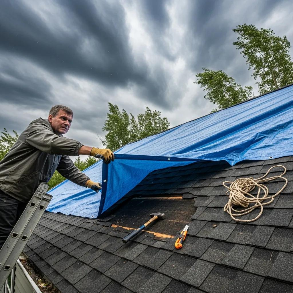 Homeowner applying tarp on roof for emergency repair after storm