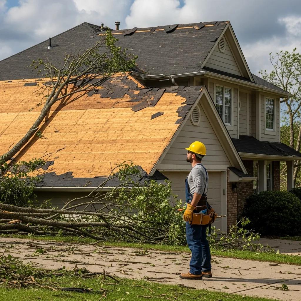 Homeowner inspecting roof damage after a storm, wearing safety gear