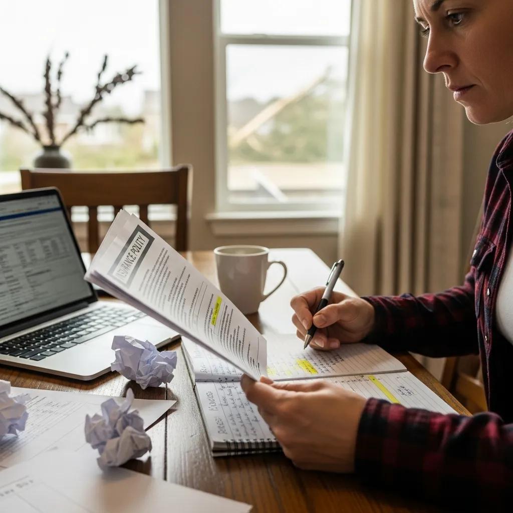 Homeowner reviewing insurance policy documents for roof damage claims
