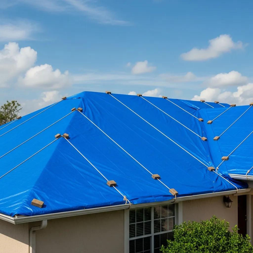 House with a damaged roof covered by a heavy-duty tarp after storm damage