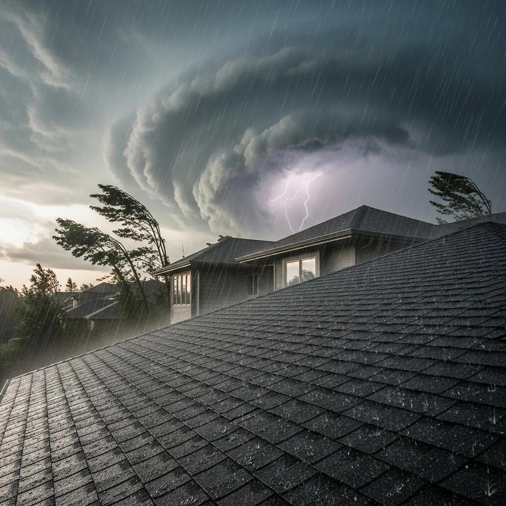 Impact-resistant roof shingles on a house during a storm, showcasing their durability against severe weather