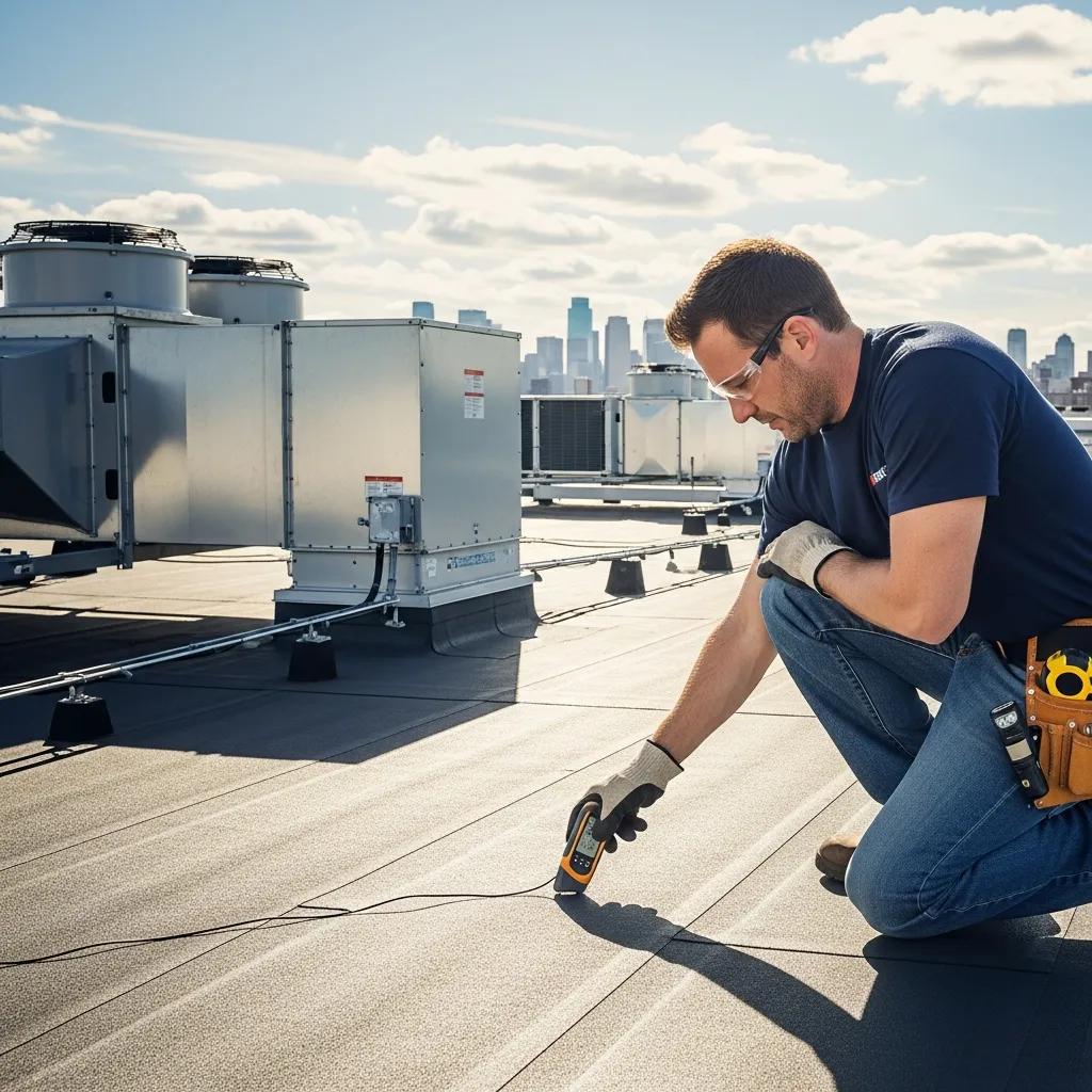 Maintenance worker checking a commercial roof for issues