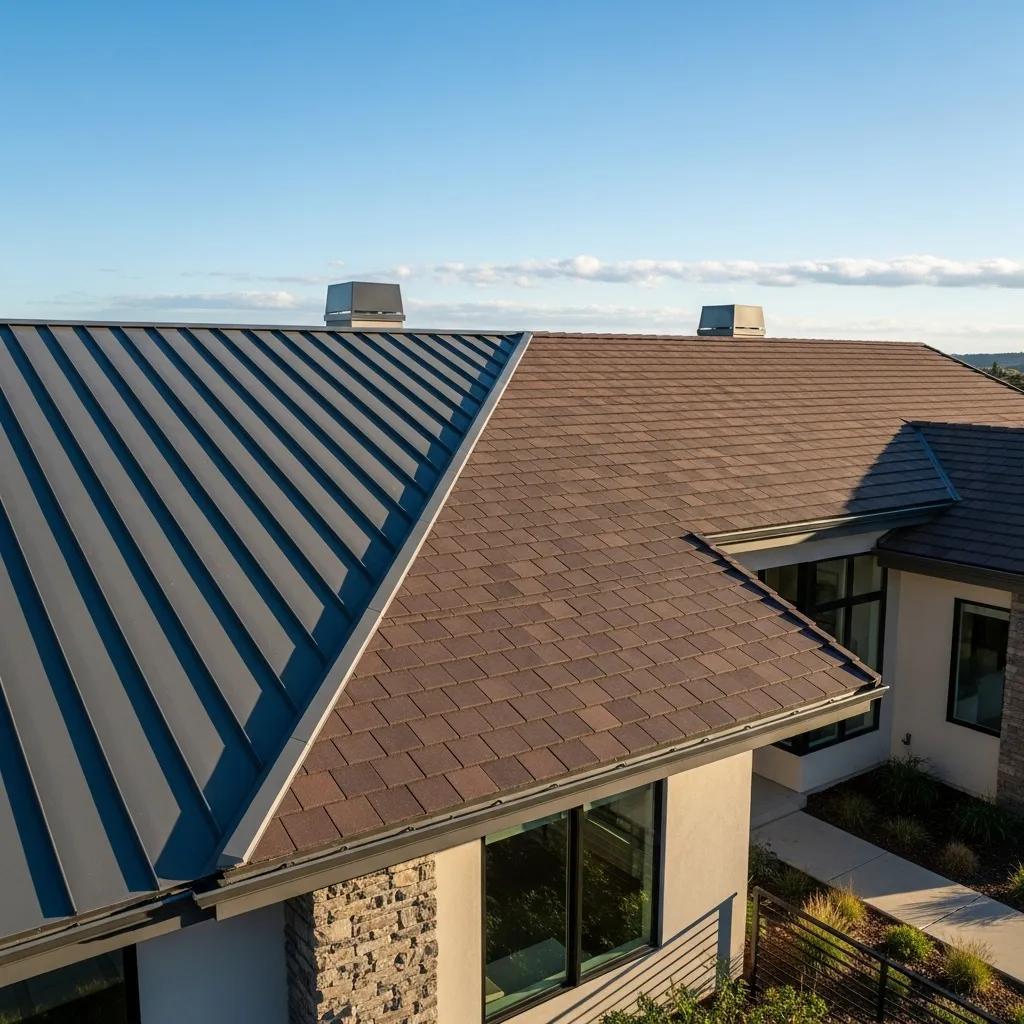 Metal and tile roofing options installed on a modern home showcasing fire resistance