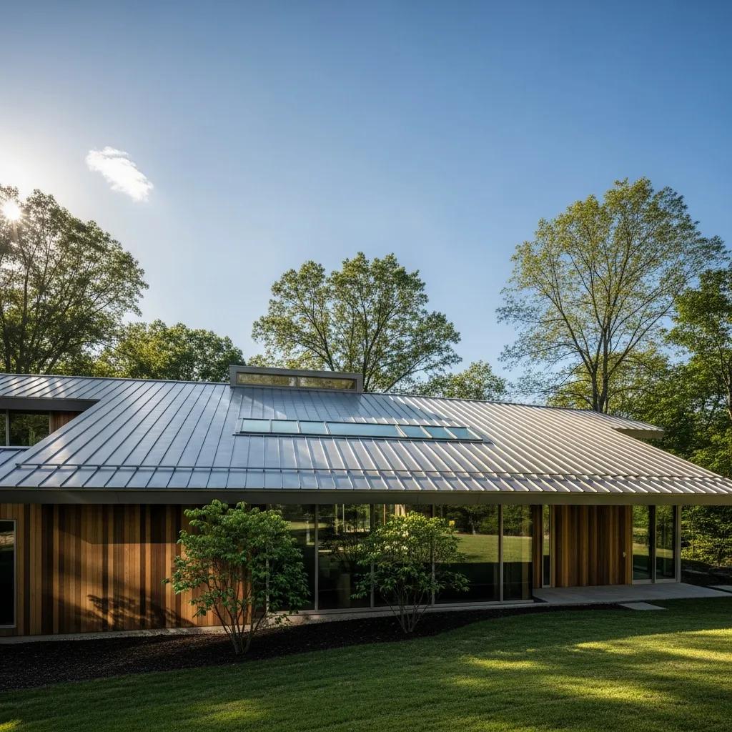 Modern home featuring a reflective metal roof under a sunny sky, showcasing energy efficiency