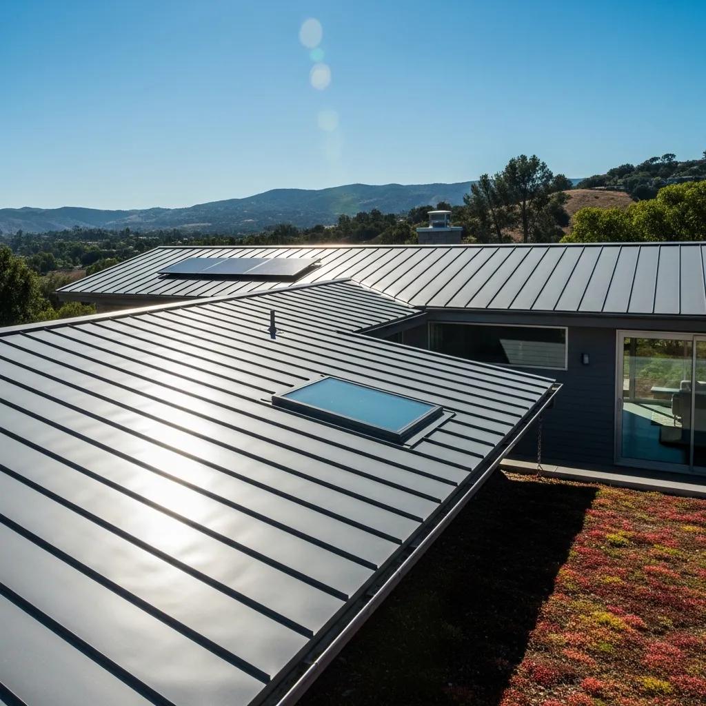 Modern home with a reflective metal roof in a sunny California landscape, emphasizing energy efficiency and eco-friendliness
