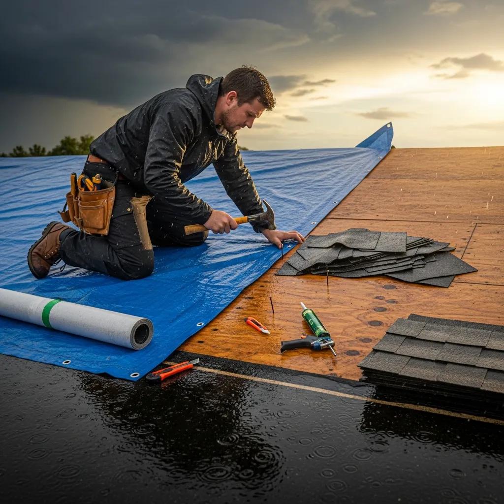 Professional contractor performing emergency roof repairs on storm-damaged roof