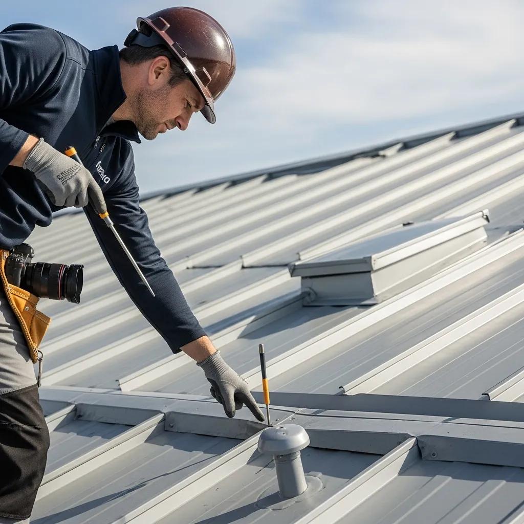 Professional inspecting a metal roof, emphasizing essential maintenance practices for longevity