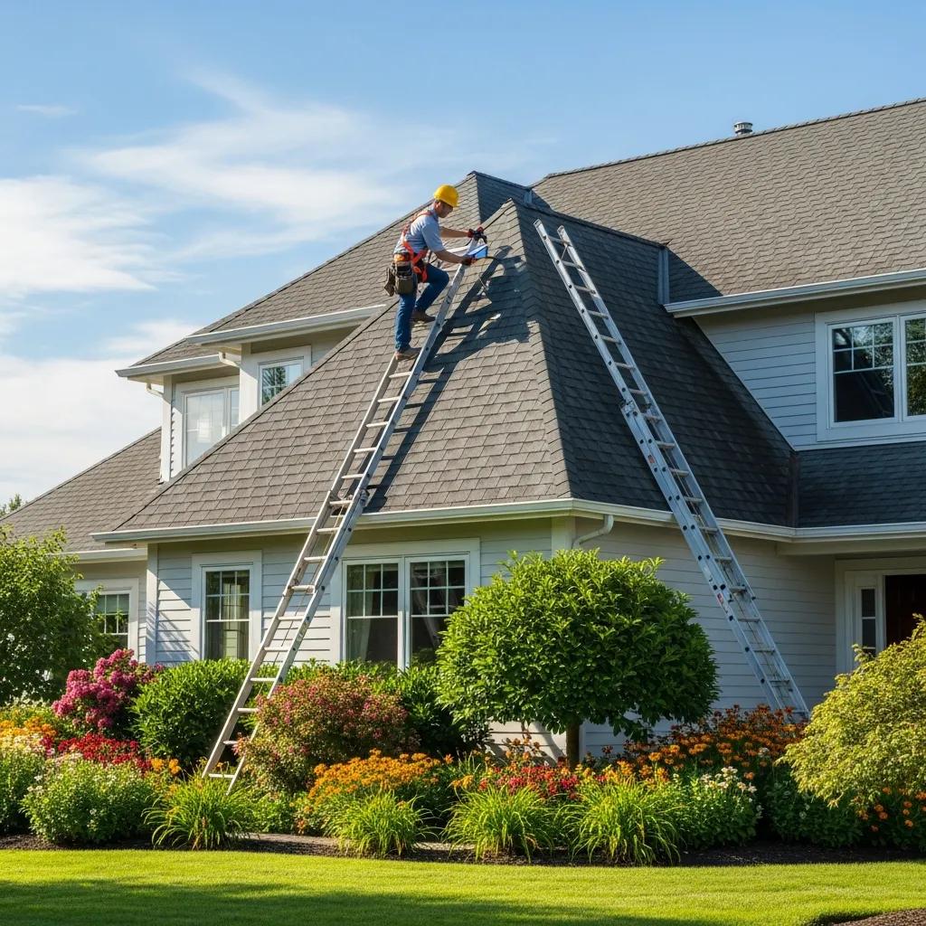 Professional inspecting a residential roof, highlighting the importance of roof maintenance and safety