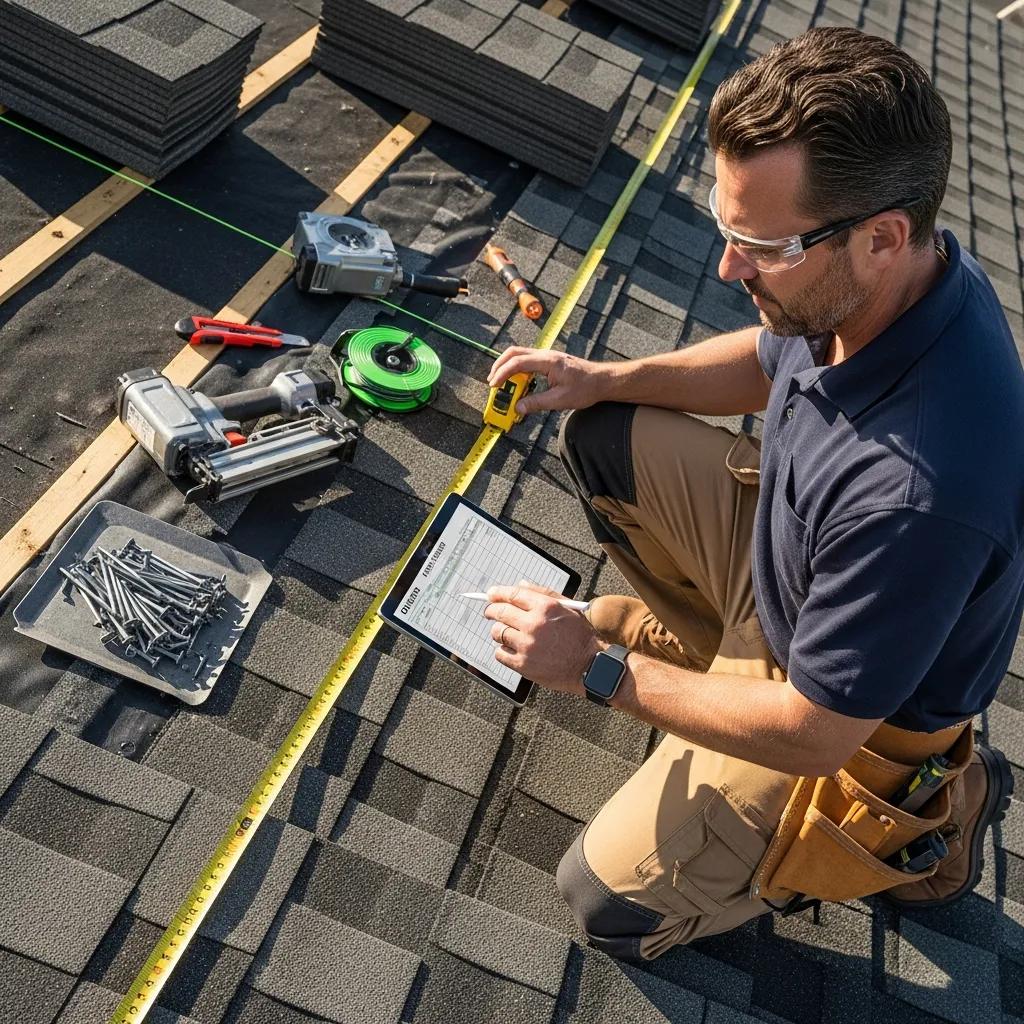 Professional roofer calculating installation costs with asphalt shingles in the background