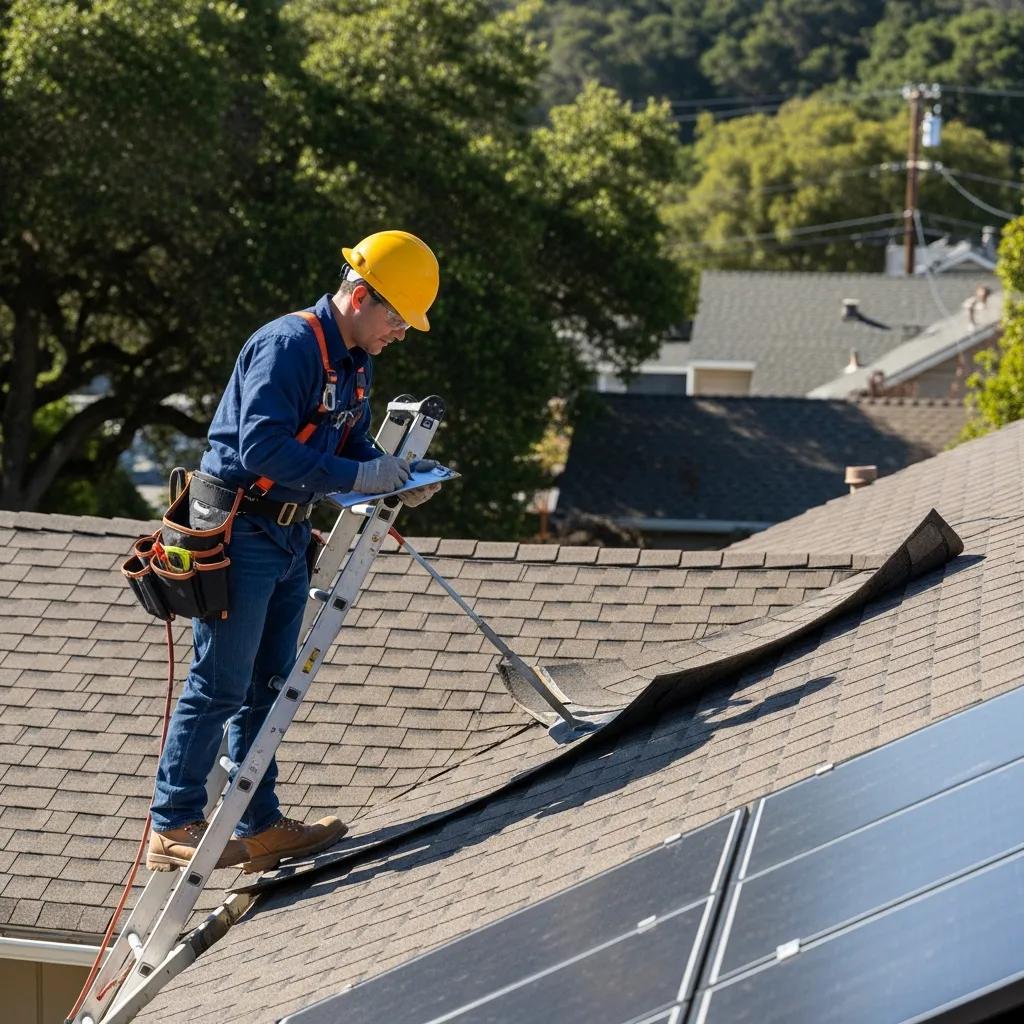 Professional roofing inspector assessing a roof in Sonoma County, highlighting inspection process