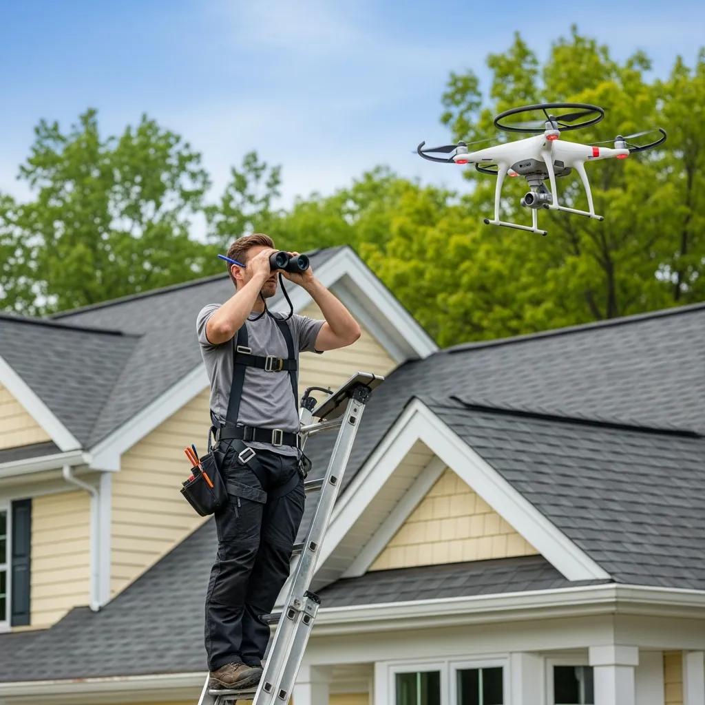 Professional roofing technician inspecting a roof with advanced tools