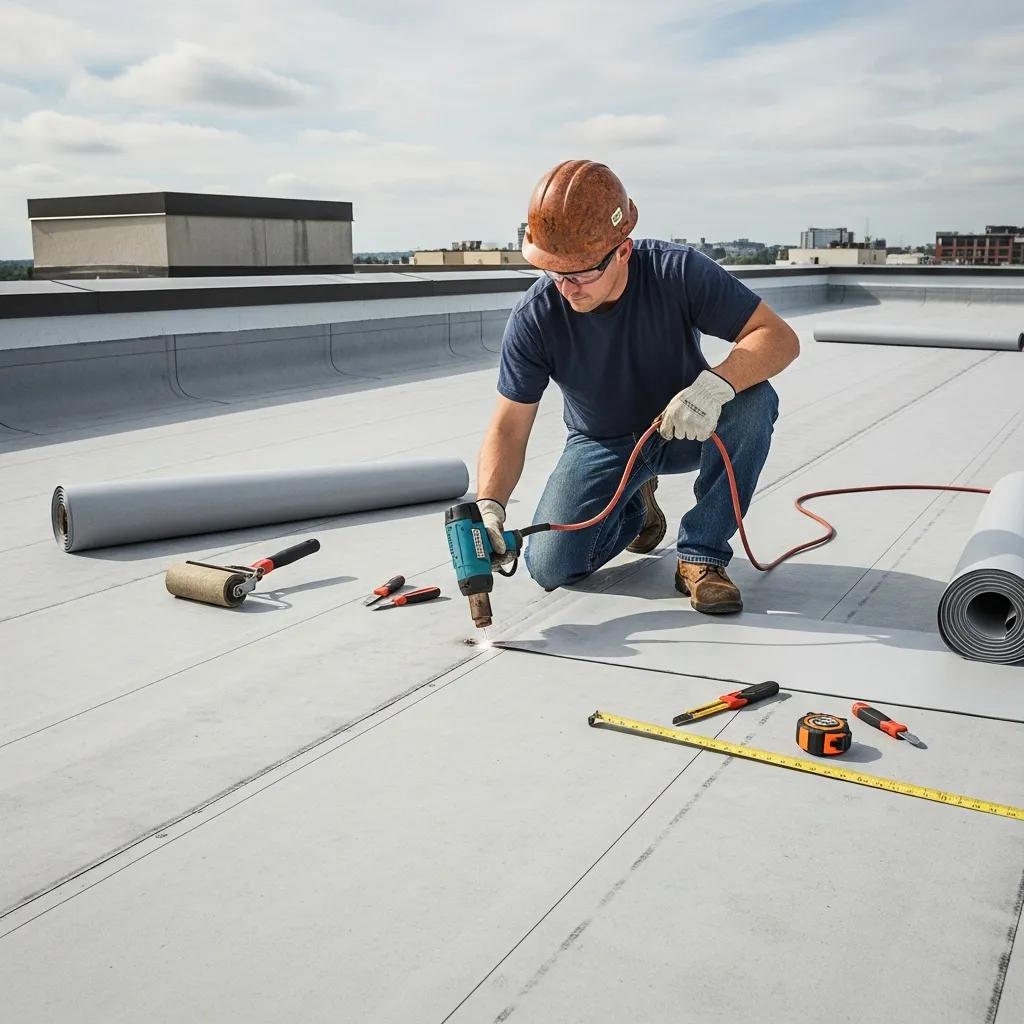 Professional technician installing TPO flat roofing material, showcasing quality craftsmanship
