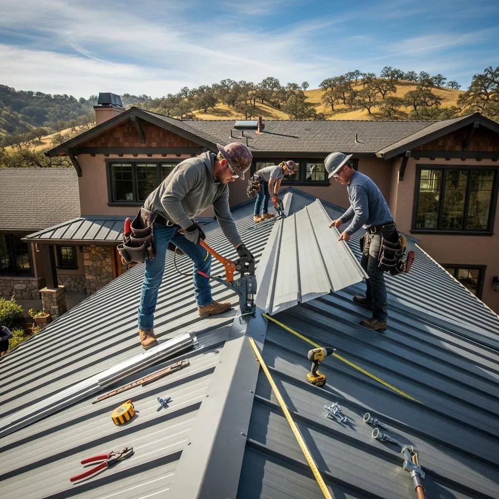 Professionals installing a metal roof on a home in Northern California, emphasizing tailored installation techniques
