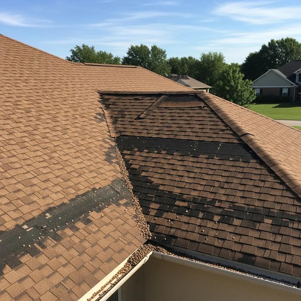 Residential roof with storm damage, highlighting missing shingles and granule loss