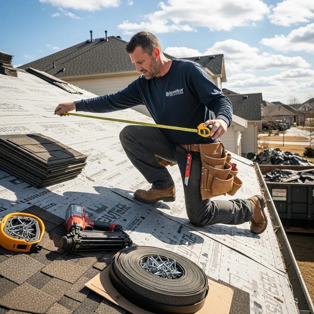 Roofing contractor inspecting a roof during a replacement process, showcasing professional services