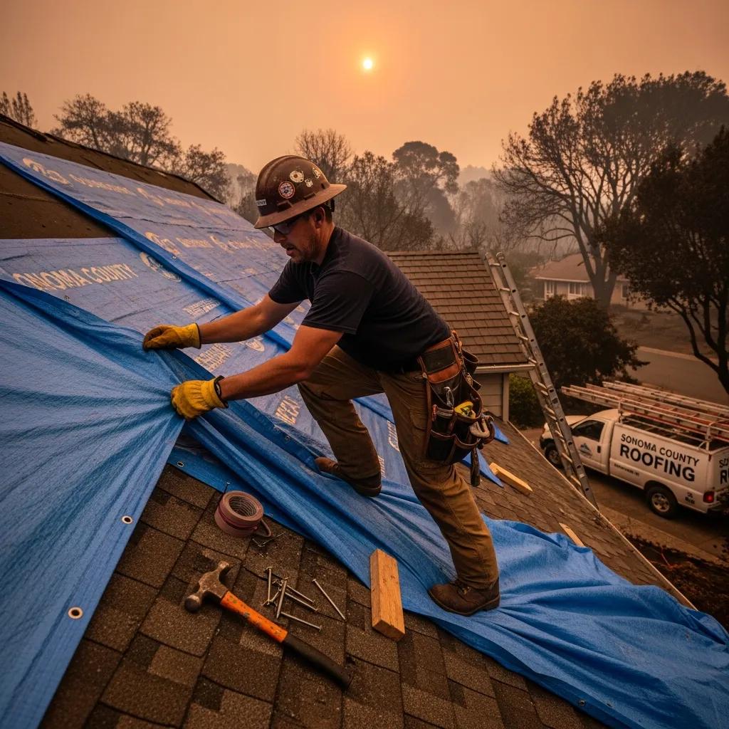 Roofing contractor performing emergency repairs on a wildfire-damaged roof, highlighting the urgency of the situation