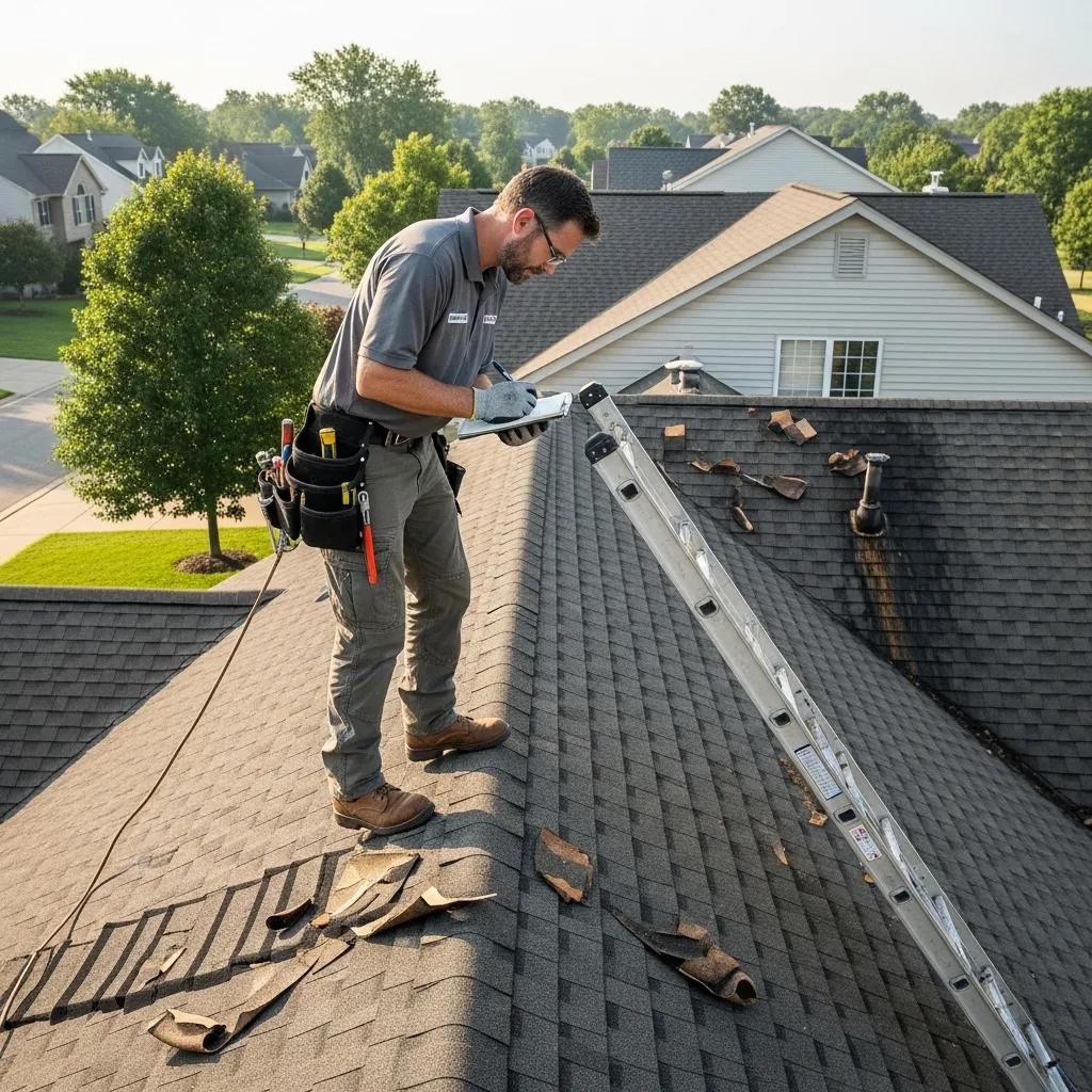 Roofing inspector examining a roof for potential issues, emphasizing the importance of regular maintenance