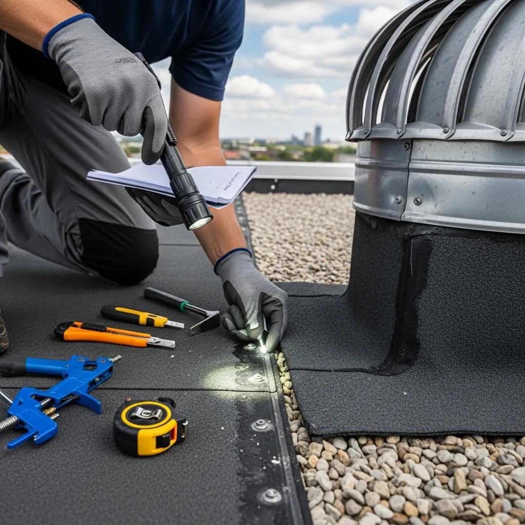 Roofing professional inspecting commercial roof materials and structure, emphasizing thorough evaluation