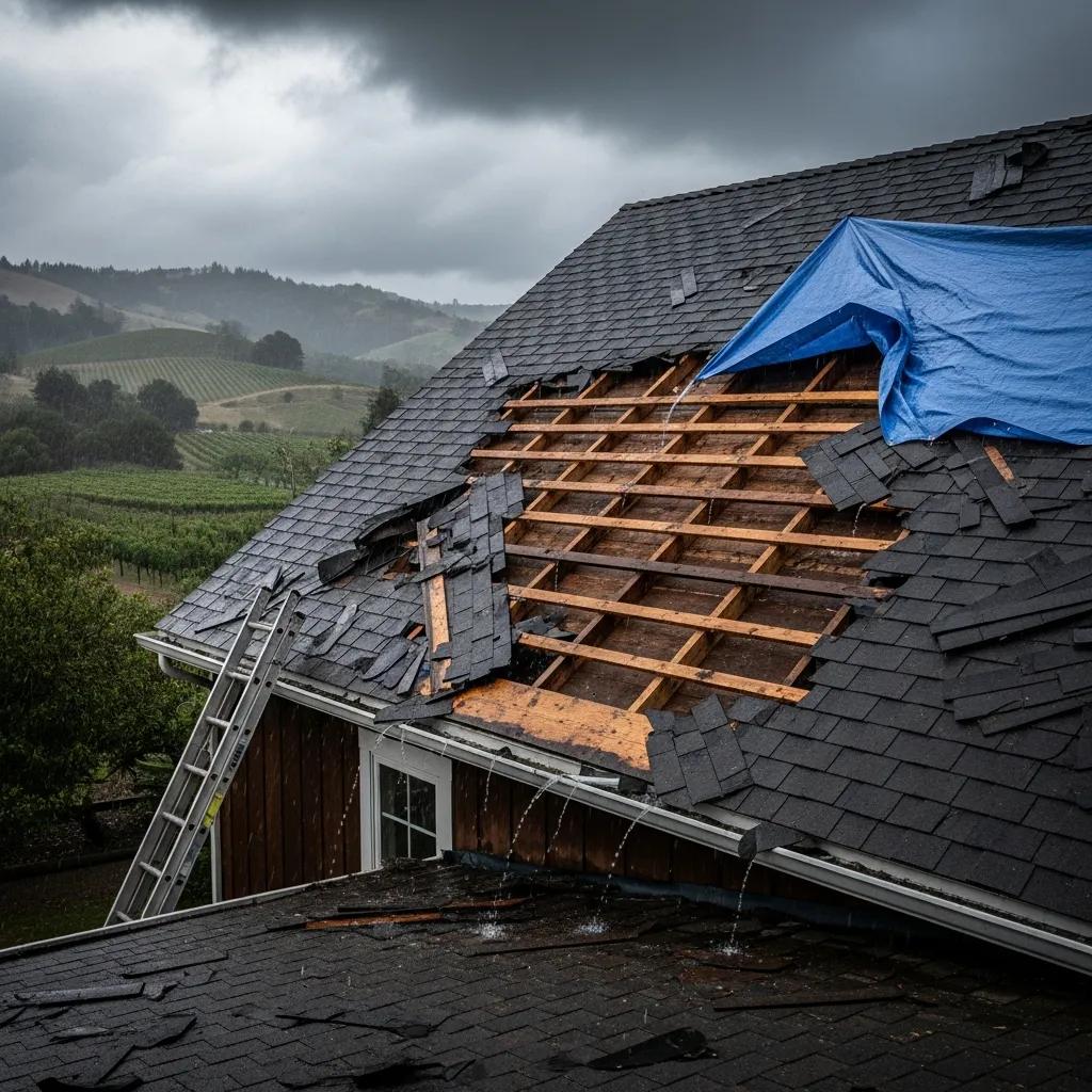Storm-damaged roof in Sonoma County highlighting urgent need for repair