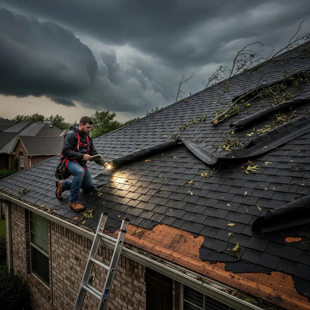 Storm-damaged roof showing urgent signs of damage requiring immediate inspection