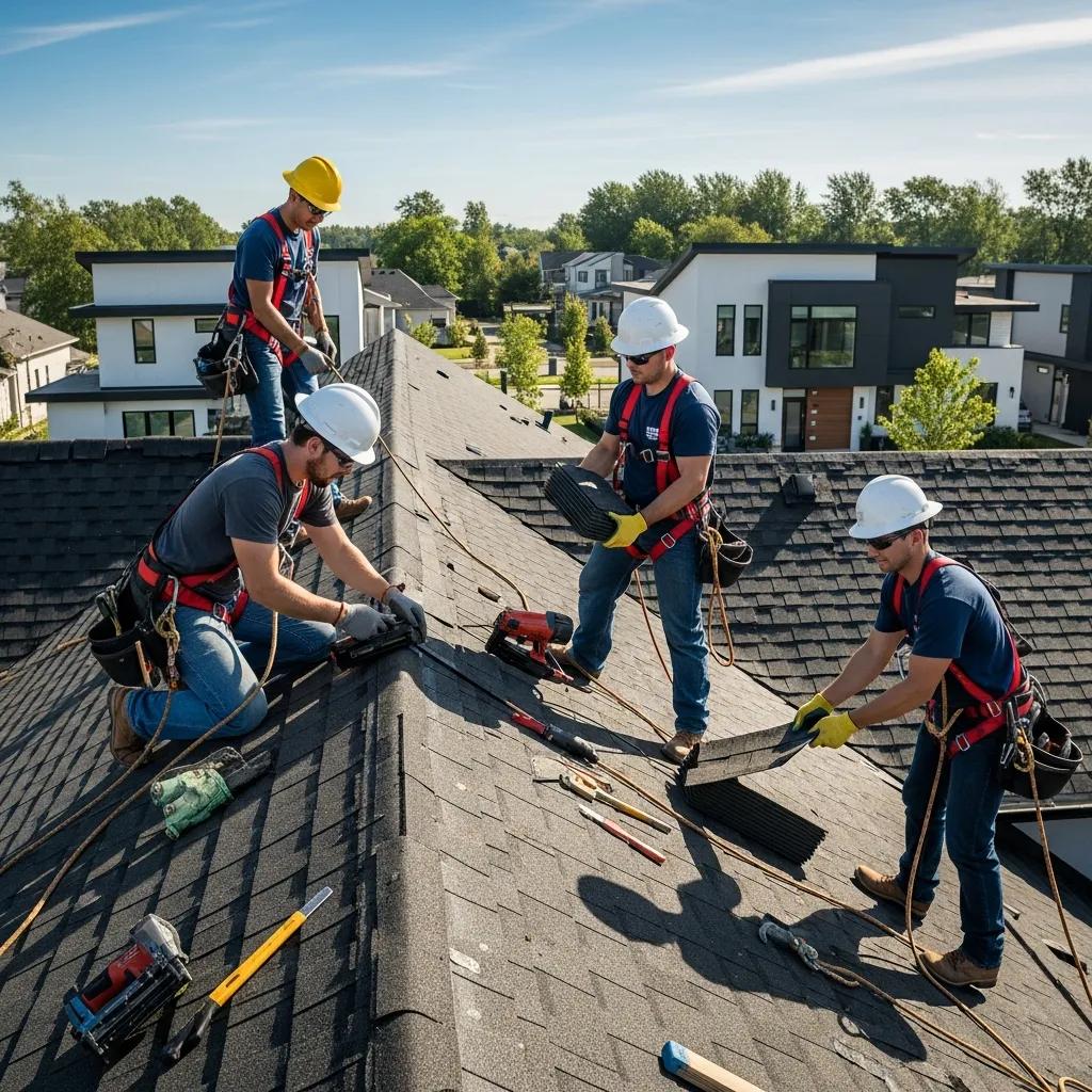 Team of professional roofers installing new shingles, showcasing the benefits of expert roof replacement services
