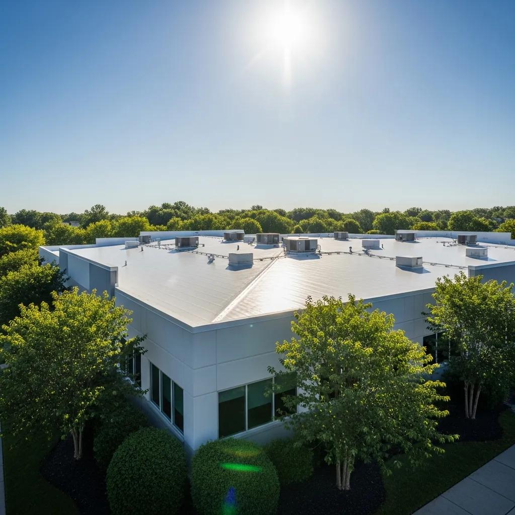 TPO roofing on a commercial building showcasing energy efficiency and sunlight reflection