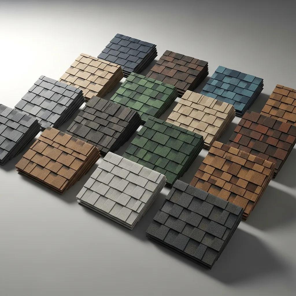 Variety of asphalt shingles in different colors and styles showcasing affordability and design options